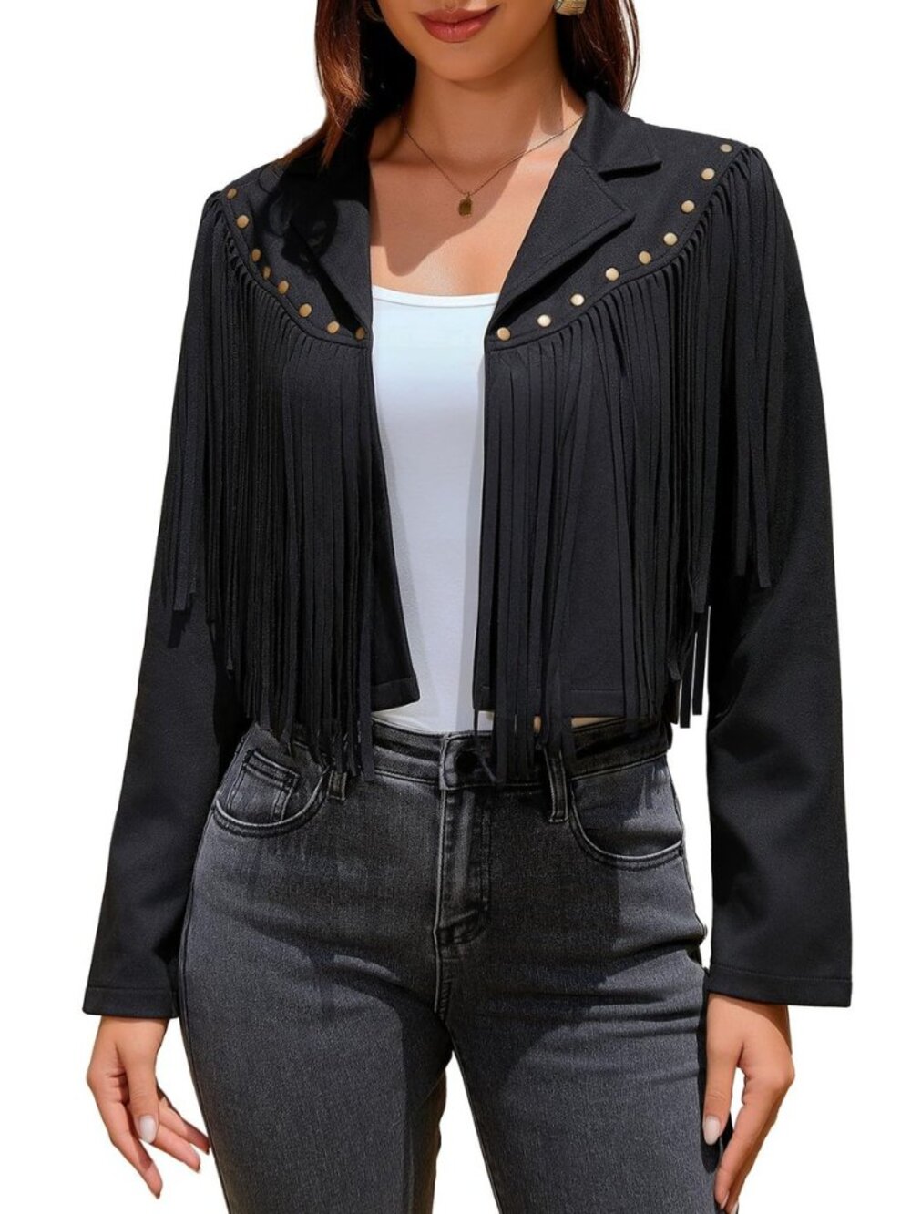 Women's Fringe Faux Suede Leather Jackets Fashion Fall Western Tassel Motorcycle